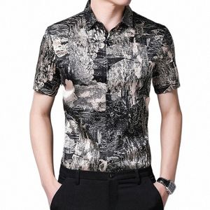 busin Casual Easy Care Men Shirt Real Silk Short Sleeve Print Summer Quality Soft Comfortable Vintage Gentleman Chemise Homme B4AX#