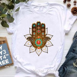 Kvinnors T -skjortor Chakras med Lotus Eye Yoga Design Print Shirt Girls Meditation Namaste Flower Tshirt Women Harajuku Summer Tops