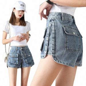 Hög midja tunt fickverktyg för denim shorts kvinnors sommar lös fi trend jean kjol dansar jeans y2k korta byxor heta sexiga h0cg#