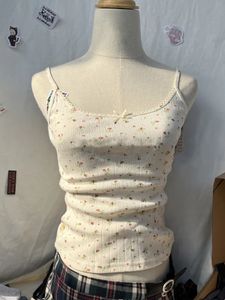 Kwiatowy nadruk bownowy boksy kobiety y2k vintage puste z rękawów beżowa bawełniana bawełniana camisole swobodne harajuku letnie slim kamizelki 240314