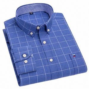 Camisa masculina 100% Cott Lg manga Butt Down Check com bolso no peito único trabalho casual padrão xadrez listrado camisas Oxford F6EX #