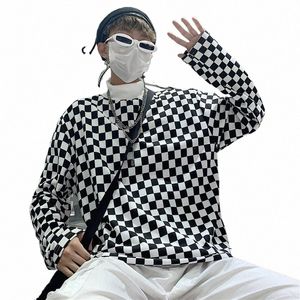 2021 Nya män Kvinnor Streetwear Checkerboard Plaid Turtleneck Loose Tee T Shirt Pullover Top LG Sleeve T-shirt Sweatshirt G3RF#