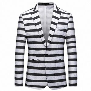 shenrun Men Jacket Black White Stripe Blazer Slim Fit Wedding Groom Suit Jacket Singer Host Stage Dr Blazers M-6XL Plus Size 22Cd#