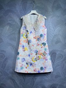 2024 Autumn Floral Print Sequins Jacquard Dress White Sleeveless Round Neck Short Casual Dresses T4M182254