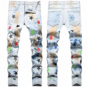 Mångsidiga män rippade jeans hål patch stretch blyerts denim byxor streetwear elastic hip hop stjärna mönster broderi casual jeans i0eg#