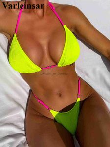 Mulheres Swimwear Sexy Neon Halter Nervuras Biquíni Feminino Maiô Mulheres Swimwear Duas Peças Bikini Set Acolchoado Banheira Terno Swim Lady V4048 T240328