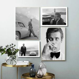 Gravestones Gentleman Spy Film 007 Poster Bond Cars Schwarz-Weiß-Schauspieler druckt Film Leinwand Gemälde Wandkunst Bild Wohnzimmer Dekor