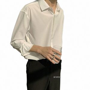 swobodna biała koszula dla mężczyzn solidny kolor jedwabna koszulka LG Sleeve harajuku luźna najwyższa jakość drapy biała japońska streetwear g2wj#