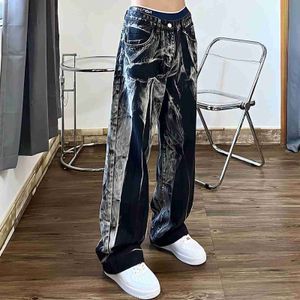 Kvinnors jeans svarta jeans kvinnor binds färgämne tvättade raka breda benbyxor hög midja goth vintage streetwear denim casual hippie byxor 24328