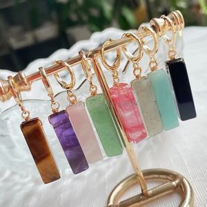 14K Gold Real Natural Crystal Earrings for Women Small Stick Rectangle Tassel Dangling Amazonite Pink Purple Crystal Drop Earring Reiki
