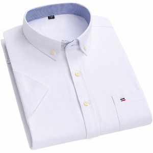 Mäns sommarskjortor Oxford Vertical Stripes Kort ärm Standard-passning Löst rutig Solid Soft Cott Man Shirt Plus Size K8ml#