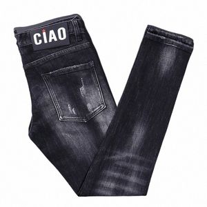 Street fi Men jeans högkvalitativ retro svart grå elastisk smal rippad jeans män vintage designer märke denim byxor hombre s8v8#