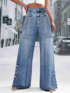 Kvinnors jeans höga midja breda ben jeans kvinnor mode hög midje knapp bred ben långa byxor lösa bantar rak trendiga långa byxor 24328