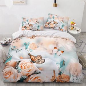 Sängkläder sätter rosa rosblommor Flower Futterfly Quilt 3st King Full Size Däcke Cover Linen Set Bedste för ett barn 200x200 240x220