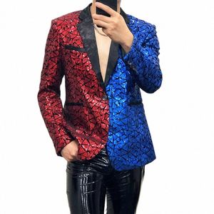 gold Red Blue Stitching Sequins Blazer Jacket Men Bar Singer Nightclub Performance Sequined Tuxedo Banquet Blazers Plus Size y2TT#