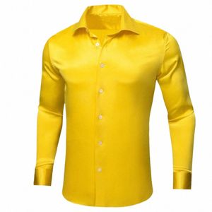 Designer Silk Shirts For Men Satin LG Sleeve Yellow Gold Solid Plain Slim Man Blus Casual Formal Tops Streetwear Barry Wang M86f#