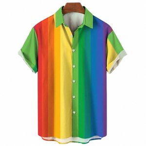 Sommar överdimensionerad romantisk herrskjorta Rainbow Pattern Fi Kort ärmtryck Topp Simple High Quality Street Loose Hawaiian E0qi#