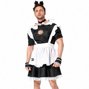 men's Short Sleeve Satin French Maid Uniform Crossdring Sissy Lingerie Fancy Dr Japanese Anime Cat Maid Outfits for Men X8jS#