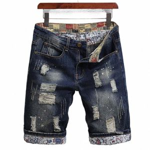straight Leg Pockets Denim Shorts Men's Retro Denim Shorts with Ripped Holes Patch Design Straight Leg Streetwear for Summer s84b#