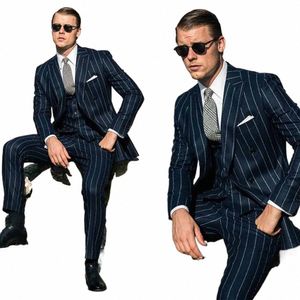 Ternos masculinos azuis marinhos Double Breasted Stripe Peak Lapel 3 Piece Jacket Pants Colete Customzied Busin Terno Elegante Blazer 2024 R2OW #