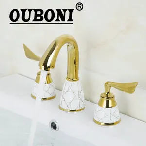 Rubinetti per lavandino del bagno OUBONI Lusso dorato 3 pezzi Doppi manici Vasca da bagno da piano Torneira Rubinetti miscelatori per lavabo in ottone