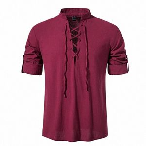 2023 New Men's Nust Disual Cott Linen Shirt Tops Lg Sleeve Tee Shirt Spring Autumn Slanted Placket Vintage Yoga Derts Men F8yg#