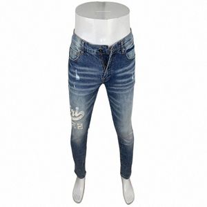 High Street Fi Homens Jeans Retro Azul Plain Wed Elástico Skinny Rasgado Jeans Homens Patch Designer Hip Hop Marca Calças Hombre d45M #