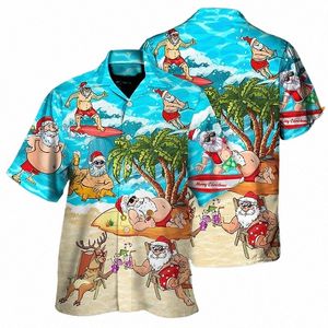 Julens Hawaii -skjorta Kort ärm Nyår Xmas 3D -trycktoppar Santa Claus Party Beachwear Cam Vacati Apparel S6G3#