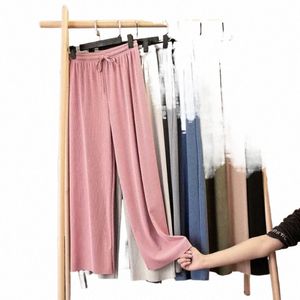 thin Ice Silk Wide Leg Pants for Women High Waist Casual Slim Loose Straight Black Trousers Female Spring Summer New 15Yv#