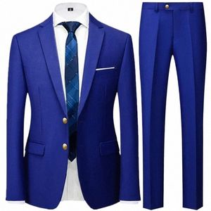 fi Men's Casual Busin Suit Coat Trousers 2 Pieces Set / Male Solid Color Wedding Two Butt Blazers Jacket Dr Pants g9l6#