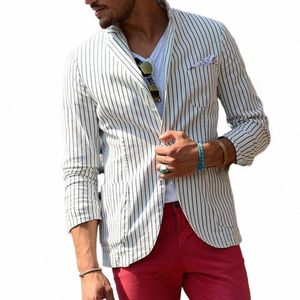 Män lapel LG Sleeve Suit Coat Randiga tryckfickor Buttar SPACKET Formell Busin Blazer Thin Breattable Suit Jacket J45Q#