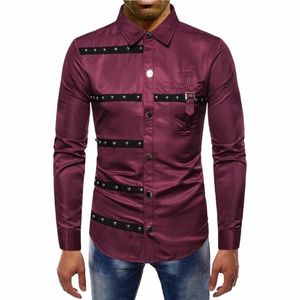 Camicia da uomo nuova Vintage Rivet Stripe Risvolto Lg Sleeve Slim Camicie Streetwear Uomo Gothic Evening Dr Camicie Ropa Gotica Hombre E4QK #