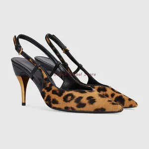 Scarpe eleganti 2024 Arrivo della molla Punta a punta Avvolta Fibbia alla caviglia Sandali leopardati superficiali Estate Casual Sexy Tacchi alti Donna