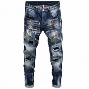 nuovo stile persalità jeans strappati uomo maschio stile coreano trendy fi vernice dot spl inchiostro design slim stampa pantaloni pantaloni V9Yu #