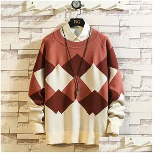Mens Sweaters Uyuk Autumn/Winter New Japanese Trend Sweater Patchwork Lozenge Casual Temperament Plover Clothes Hombre Drop Delivery A Dhcjc