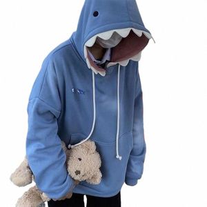 män kvinnor roliga haj hoodie jacka blå haj tänder huva tröjor lg hylsa överdimensionerade dragkroppar par toppar u9fd#