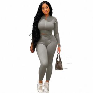 Outono Sólido Simples Conjunto de Duas Peças Mulheres Bainha Slim Casual Sporty Lg Manga Zipper Top + Body-Sha Feminino Activewear Outfits x7GN #