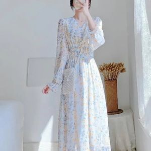 Zarif baskı şifon dres gündelik kısa kol v boyun midi elbise Korean moda bel aline vestidos 240321