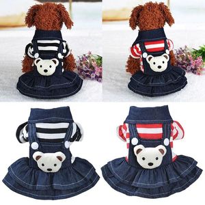 Dog Apparel Spring Summer Pet Clothes Striped Bear Cute Cat Strap Denim Skirt Puppy Chihuahua Dresses Teddy Dress Clothing