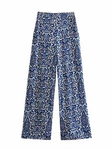 traf Blue Print Wide Leg Hosen Frauen Hohe Taille Hosen Frauen Casual Baggy Hosen Frau Fi Sommer Frauen Hosen Set B4Jq #