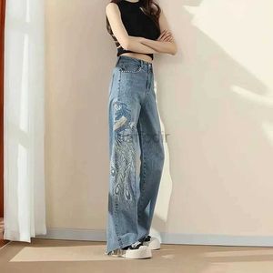 سروال جينز على نطاق واسع من الجينز المرتفع مخصر سراويل مستقيمة نساء 2023 الصيف فينيكس تطريز الأزياء مزاج خمر سروال الدنيم 24328