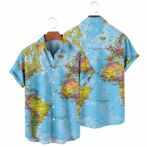 Hawaiian Shirts Map 3D Print Shirt Skjorta Herrskjorta Herrens avslappnade Vocati Lapel Shirt Summer Beach Camisa Trip Blue Casual J83B#