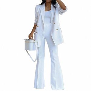 two Pieces Women Blazer Pants Sets Solid Color Double Breasted Lapel Jacket Wide Leg Trousers Autumn Winter Lady Suit for Office 80u5#