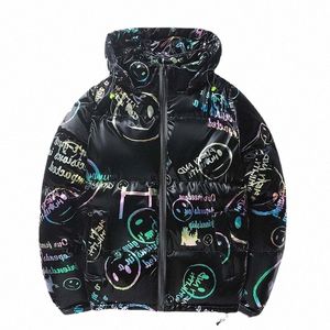 winter Glossy Hooded Padded Jacket Men Graffiti Smiley Print Oversized Streetwear Parkas Unisex Hip Hop Outerwear Zipper Coat j3Ii#