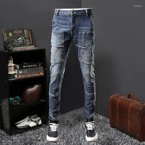 Calças de brim masculinas queda elástica remendo slim fit versátil homens jean estilo europeu hip hop high street moda motocicleta denim calça