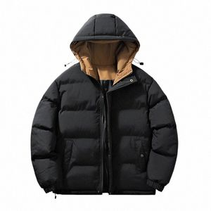 Nya mäns Autumn Winter Solid Color Hooded Cold Down Cott Jacket Youth Trend mångsidig lös och förtjockad varma casual pälser N2WP#