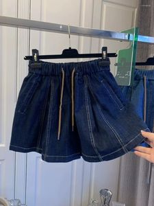 Kvinnors shorts mode lapptäcke hög midja denim för kvinnor förlorar all-matchade elastiska midja snörning upp breda benbyxor strand