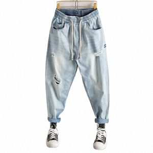 foufurieux Sommer zerrissene Jeans Herren FI übergroße lose koreanische elastische Taille knöchellange Harem Denim Jeans Männer Hosen k4IB #