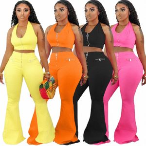 fi Vest Women Crop Tops Flare Out Pants Wide Legs Solid Color Women Two Piece Pants Set d37H#