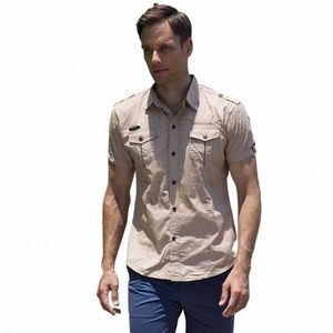 fredd Marshall 2023 Summer New Men 100% Cott Cargo Shirt Short Sleeve Casual Pocket Work Military Shirts Male Solid Color Tops 453M#